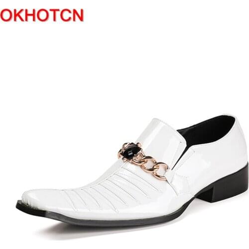OKHOTCN British White genuine leather man business shoes metal decoration man formal wedding party dress shoes spring autumn
