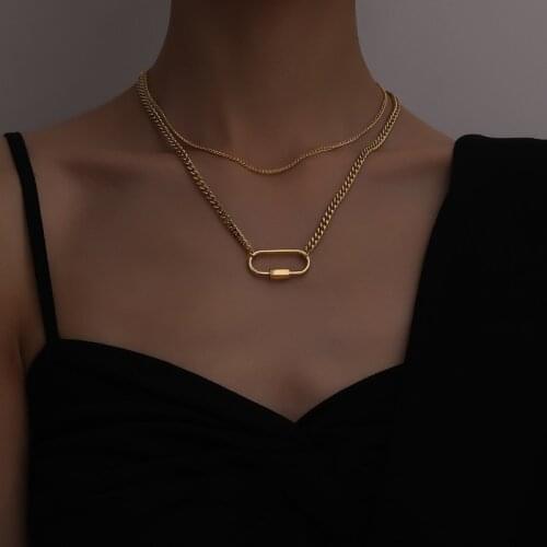 Minar Stainless Steel Gold Paperclip Carabiner Necklaces Double Layered Oval Chokers Necklaces for Women 2021 Minimalist Jewelry