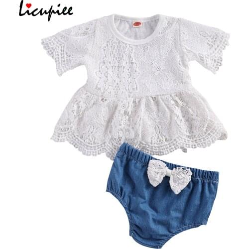 Toddler Baby Girls Casual Clothes Sets Round Neck Lace Babydoll Tops with Short Pant Outfits 0-24 Months