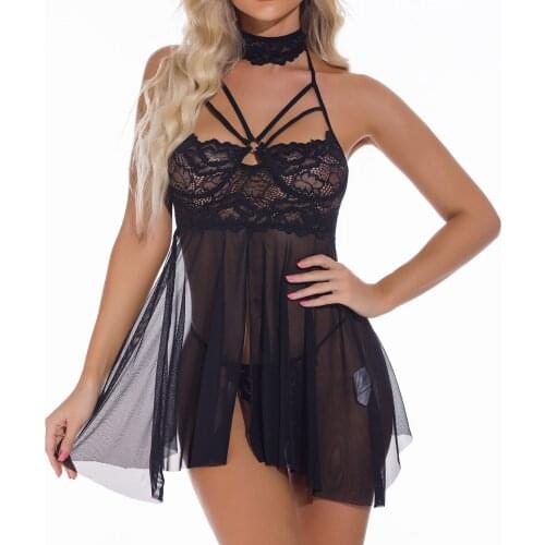 2XL Sexy Lingerie Sleepwear Womens Nightie Floral Lace See Through Sexy Night Dress Ladies Nightgowns Halter Backless Nightwear