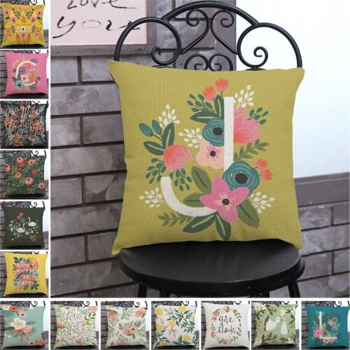 Flower Letter Style Home Decoration Cushion Pillowcase Painting Flowers Printed Cotton Linen Sofa Throw Pillows Cojines 45*45cm