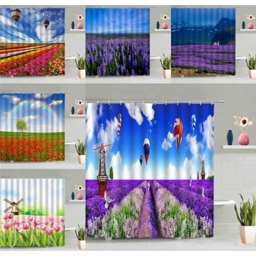 Lavender Shower Curtain Pastoral Flower Sea Printed Curtains Blue Sky Hot Air Balloon Scenery Bathroom Fabric Bath Screen