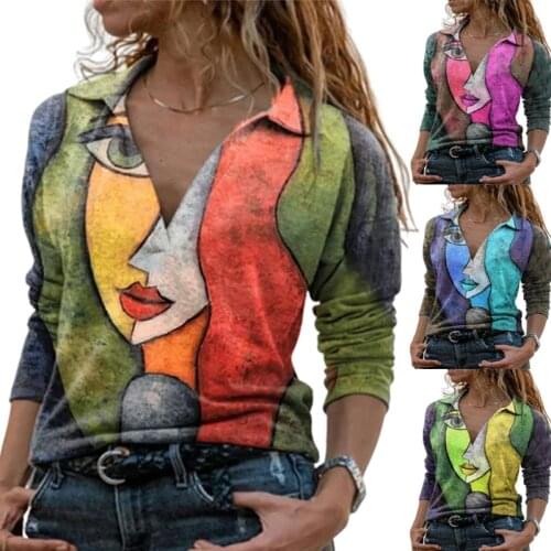 2021 Autumn Women V Neck Character Aesthetic Print Casual Long Sleeve Shirt Loose Fashion Vintage Pullover Oversize T-shirt Tops