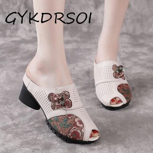 KDRSOIE Spring Handmade Cowhide Womens Shoes Ethnic Style Flowers Hollow Female Slippers Summer Breathable Sandals