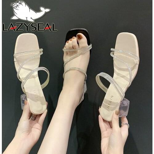 LazySeal Summer Crystals Sandals Women Slippers Fashion Female Slides Cool Transparent Square Heels Mules Shoes Woman