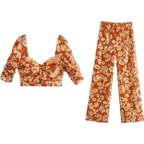 DYLQFS Women 2021 New Summer Two-Piece Set Vintage Flower Print Slim Blouse Female Fashion Streetwear High Waist Pants Set