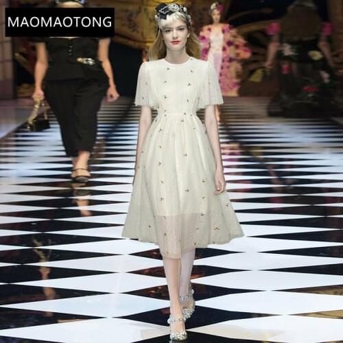 Fashion Runway Summer Mesh Vintage Dress Womens Butterfly Sleeve Lace Flower Embroidery Elegant Party Dress