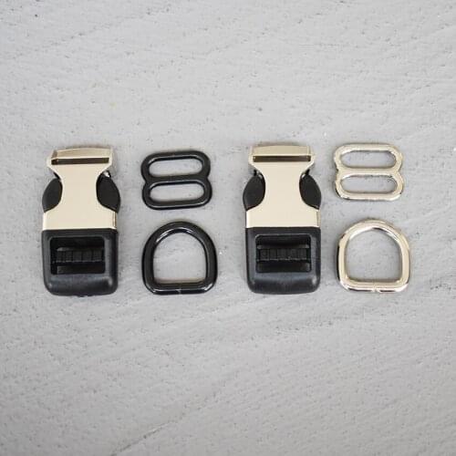 10 Sets 15mm Metal D Ring Adjuster B Ring Belt Straps Piastic Side Release Buckle Curved Bracelet Dog Collar Accessories 15-3s8