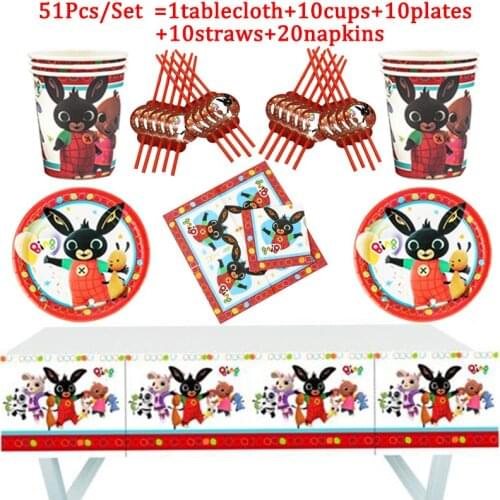 51pcs Rabbit Theme Party Supplies Tableware Set Paper Cups Plates Straws Baby Shower Tablecloth Kids Birthday Party Decorations