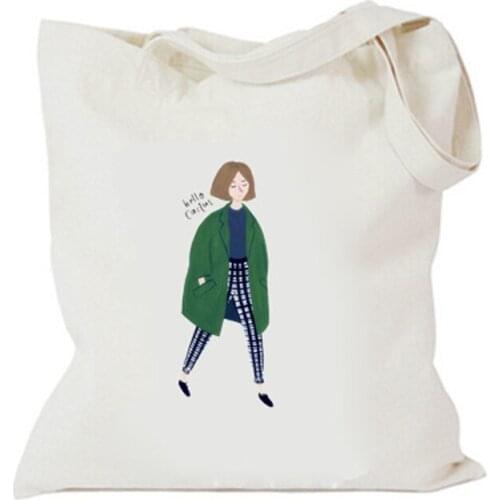 8PCS / LOT Canvas Casual Shopping Bag Eco Fashion Big Capacity Tote Reusable Storage Bag Fresh Girl Printed Simple Handbag