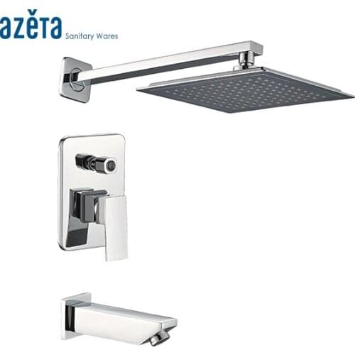 Azeta Wall Mounted Square Chrome Single Handle Brass Concealed Faucet With 9inch Rain Shower Head and Brass Spout AT6211C