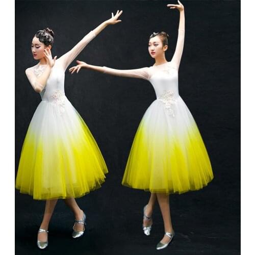 Free Shipping Womens Classical Dance Costume Ballet Tutu Long Sleeve White/Yellow Romantic Ballet Tutus Lyrical Dress CD2023