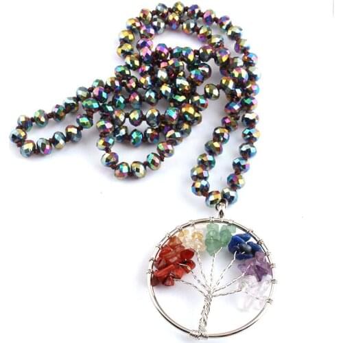 Free Shipping Fashion Long Crystal Glass Knotted Rainbow Round Pendant Necklaces For Women Ethnic Necklace