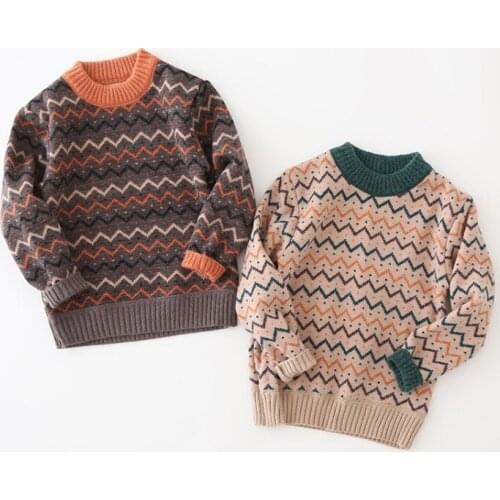 Boy Kids Velvet Sweaters 2020 Winter Fashion O-neck Thicken Warm Boys Sweaters Wave Pattern Smile Knitted Sweater for Children