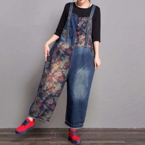 Baggy denim jumpsuit Boyfriend Large size Drop Crotch Denim Rompers Women Printed Patchwork Wide Leg Bib jean Overalls Q0810