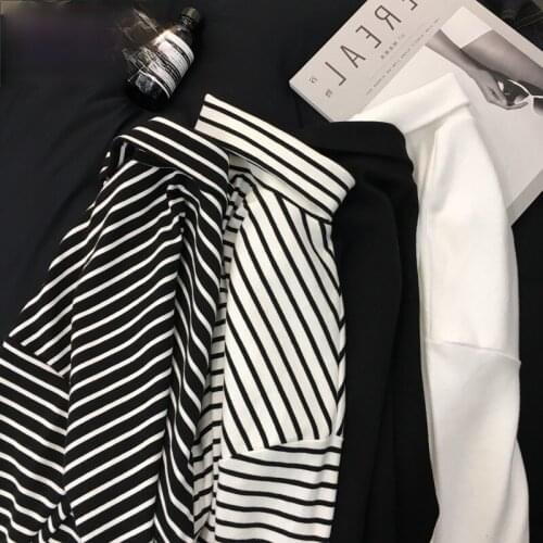 T-shirt Womens Long Sleeve Black White Striped T Shirts Women Loose Korean Style Students Crop Tees Harajuku Female Clothing