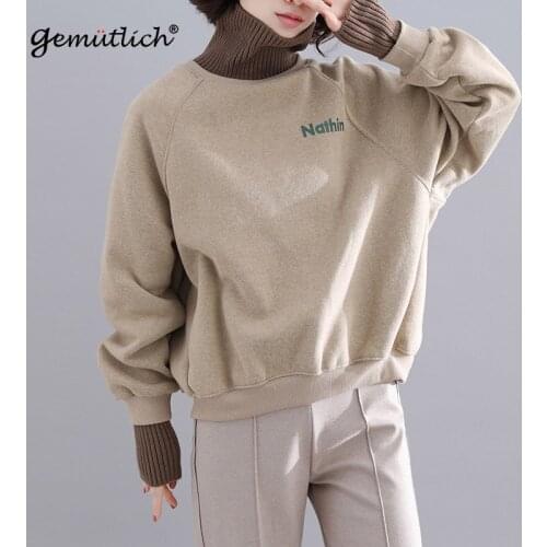 GEMUTLICH Big Size Women Korean Style Hoodies Turtleneck Casual Pullover Sweatshirt Autumn Winter Loose Fleece Thick Top