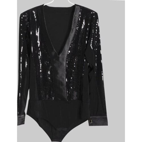 Men Latin Performance Dance Sequins Costume Chacha Female Practice Black Bodysuit Tops Clothing Tango Dancing Clothes DWY697