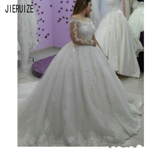 JIERUIZE Gorgeous Lace Ball Gown Wedding Dresses Illusion Long Sleeve Off Shoulder Lace Up with Appliques Beaded robe de mariee