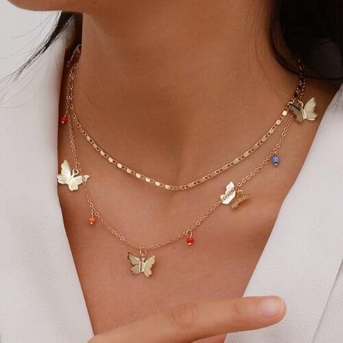 Sweet Women Fashion Beads Butterfly Pendant Choker Necklace for Women Trendy Gold Clavicle Chain Necklace Jewelry Gifts
