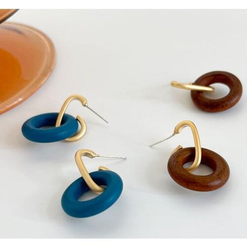 Monlansher Matte Metal Geometric Wood Circle Drop Earrings Blue Brown Color Hollow Round Earrings Vintage Earrings Jewelry 2021