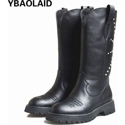 Autumn and Winter New First Layer Cowhide Color Matching Round Head Rivet Printing One-step Thick Heel Mid-tube Knight Boots