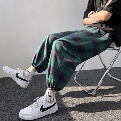 Streerwear Men Plaid Pants Fashion Wide Leg Casual Trousers Male Harem Joggers