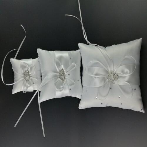 Wedding Ring Pillow for Wedding Decoration 20 X 20cm Double Heart Rhinestones Decor Satin Bridal Cushion with Ribbons