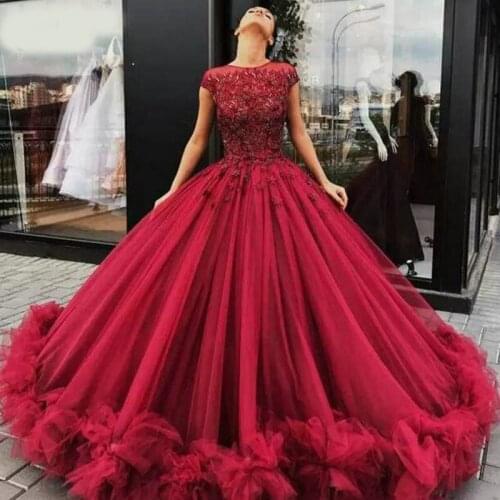 Dark Red Ball Gown Quinceanera Dresses Lace Appliques Beads Cap Sleeves Sweet 15 16 Year Formal Prom Party Dress