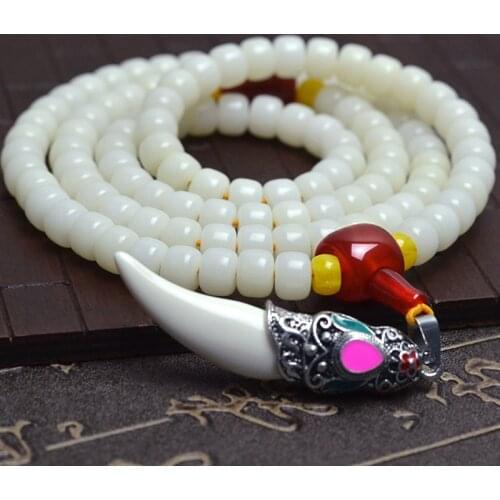 Tibetan KingKong White Bodhi Barrel Beads 108 Rosary Tibet Sliver Tooth Bracelets Buddha Prayer Japa Mala Jewelry Accessories