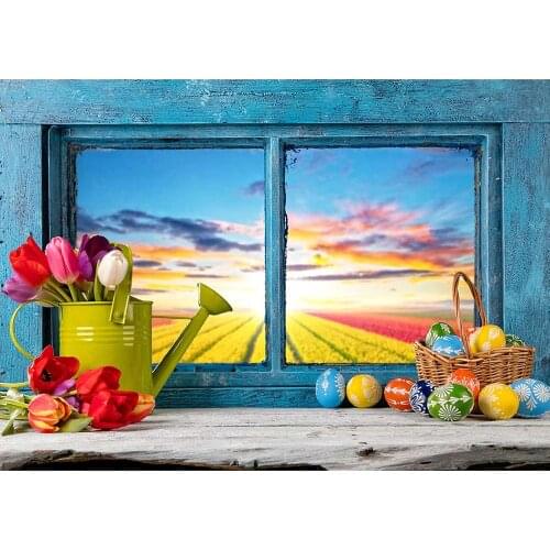 Tulips Easter Eggs Window Photo Backdrops Custom Background for Baby Children Family Easter Party Photoshoot Photography Props