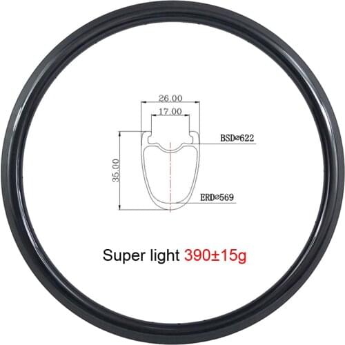 Ultralight 390g High TG V-brake surface 700C 35mm tubeless clincher road bike carbon rims 26mm wide road bicycle rim 21 24 holes