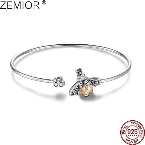 ZEMIOR Cute Bee Shape 925 Sterling Silver Cuff Bracelets Women Cubic Zirconia And Austria Crystal Bracelet Party Fine Jewelry