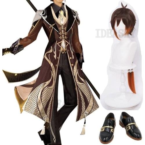 Genshin Impact Zhong Li Zhongli Cosplay Costume Set Coat Shoes Earring Wig Cosplay Anime Game Halloween Costumes Men Women wig