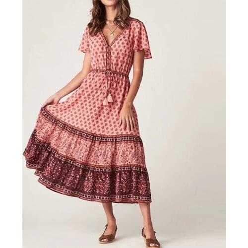 TEELYNN red floral print summer Dresses cotton rayon flare sleeve dress women Gypsy BOHO beach Dresses v neck Bohemia vestidos