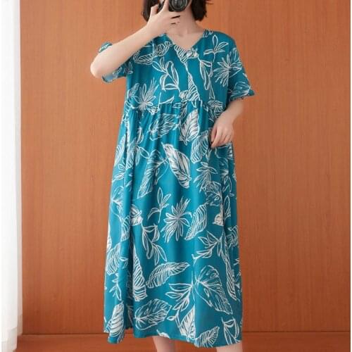 Oversized Women Cotton Linen Casual Dress New 2021 Summer Vintage V-neck Print Loose Comfortable Female Long Dresses S3608