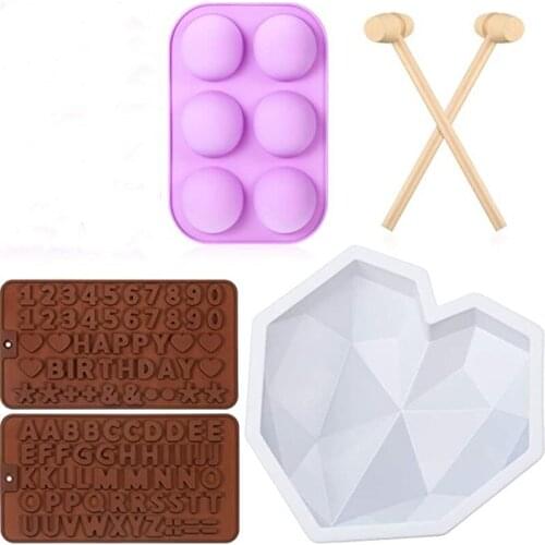 1 set 3D Love Heart Shape Silicone Molds Round Silicone Cake Mould Number Letter Mold Mini Wooden Hammers Chocolate Dessert Diy