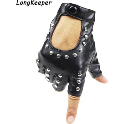 1Pair Fashion Half Finger Driving Gloves Breathable Women PU Leather Fingerless Gloves For Lady Black Women Rivet Dancing Luvas