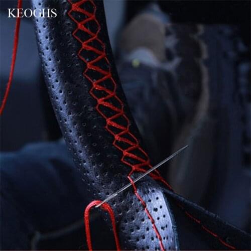 Universal handlebar braid on car steering wheel cover hand sewing cow leather steering cover 38cm 1pc