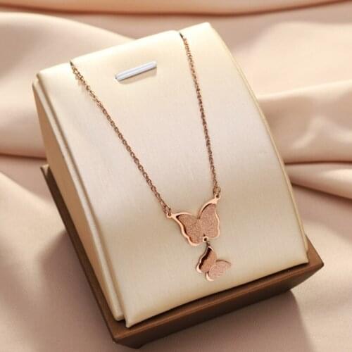 316L Stainless Steel New Fashion Upscale Jewelry 2 Layer Frosted Butterfly Charms Chain Choker Necklaces Pendants For Women
