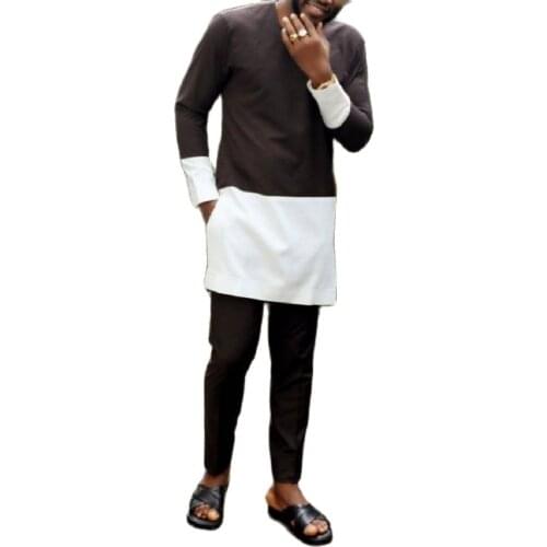 African Fashion Black/White Patchwork Shirt+Solid Pant Sets Men Groom Suits Male Wedding Outfits Customized