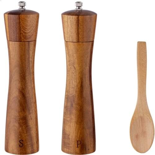 Acacia Wood Salt And Pepper Grinder Set Manual Pepper Grinder Mill with Spoon Salt Shaker Grinder for BBQ