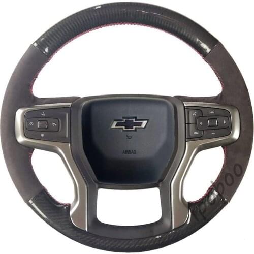 Black Suede Leather & Carbon Fiber Interior Accessories Steering Wheel Cover Hand-Stitch on Wrap Fit for Chevy Silverado 2019-20