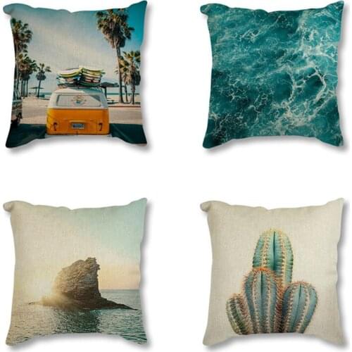 Tropical Sea Palm Tree Bus Landscape Linen Decorative Cushion Cover Sofa Car Decor Nordic Square Pillowcase Throw Pillow Case