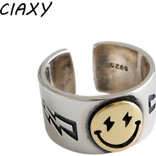 CIAXY 925 Sterling Silver Retro Smiling Face Rings for Women 2021 New Fashion Width Open Finger Ring Simple Party Jewelry