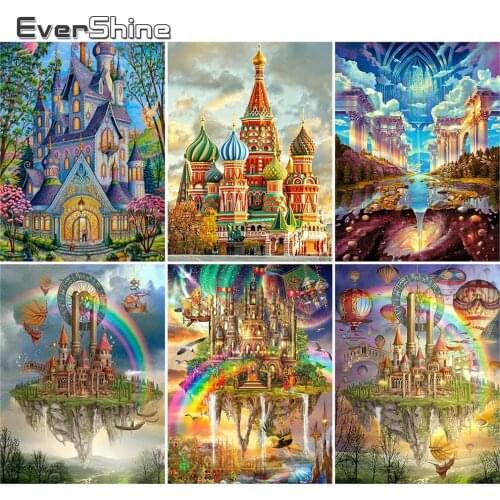 EverShine 5D Diamond Embroidery Cartoon Diamond Painting Building Picture Of Rhinestone Mosaic Castle Cross Stitch Handmade Gift