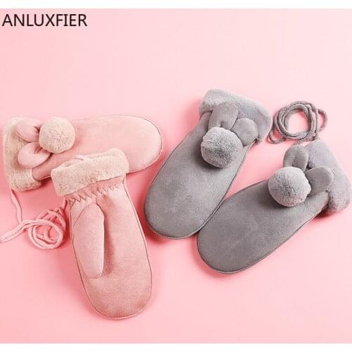 H10033 Women Gloves Lady Winter Warm Thick Suede Hang Rope Mittens Student Riding Korean Cute High Quality Thermal Hand Muff