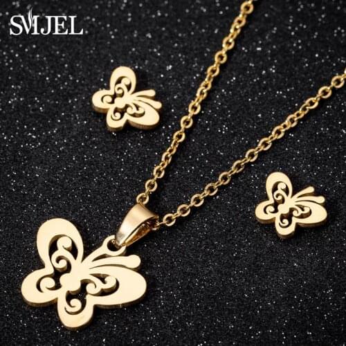 Exquisite Multiple Butterfly Necklaces Gold Color Stainless Steel Jewelry Sets For Women Animal Butterfly Necklaces Earrings