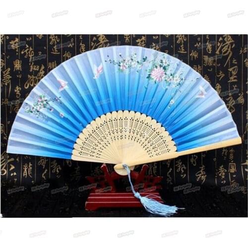 Chinese Spun Silk Flower Printing Hand Fan Vintage Folding Hollow Carved Hand Fan Wedding Event Party Decoration