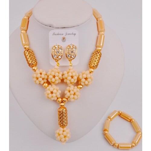Pretty Beige Crystal Nigerian Beads Necklace Costume African Wedding Jewelry Set SJZQ6-4